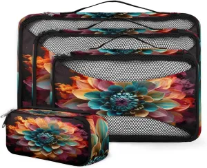 4 Set Packing Cubes for Suitcases, Travel Essentials for Carry on Luggage, Colorful Flower Suitcase Organizers for Clothes Shoes Toiletries Travel Accessories in 4 Sizes - Mystical Flower