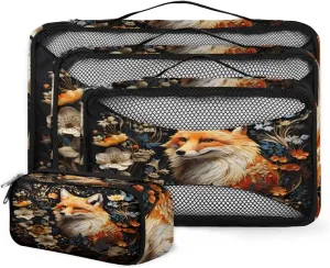 4 Set Packing Cubes for Suitcases, Travel Essentials for Carry on Luggage, Colorful Fox Suitcase Organizers for Clothes Shoes Toiletries Travel Accessories in 4 Sizes - Flower Fox