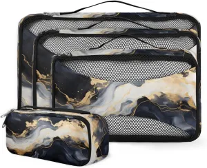 4 Set Packing Cubes for Suitcases, Travel Essentials for Carry on Luggage, Colorful Marble Suitcase Organizers for Clothes Shoes Toiletries Travel Accessories in 4 Sizes - Modern Marble