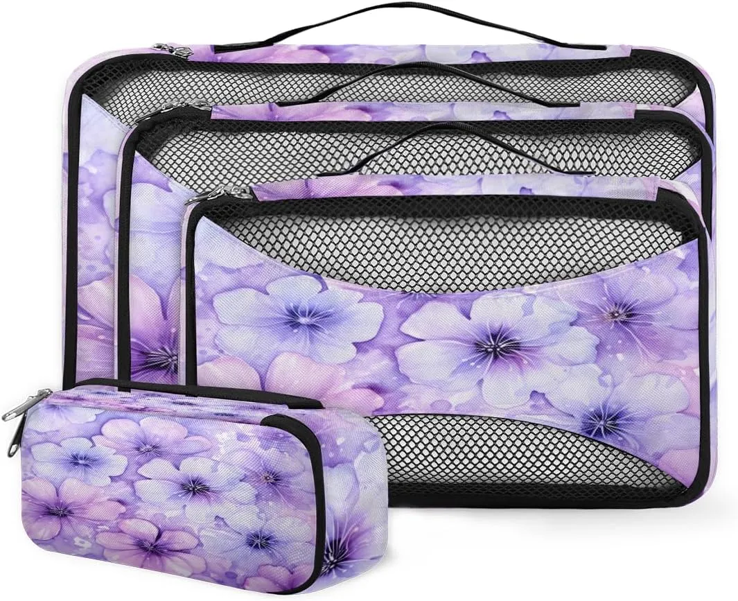 4 Set Packing Cubes for Suitcases, Travel Essentials for Carry on Luggage, Cute Flower Suitcase Organizers for Clothes Shoes Toiletries Travel Accessories in 4 Sizes - Fantastic Flower