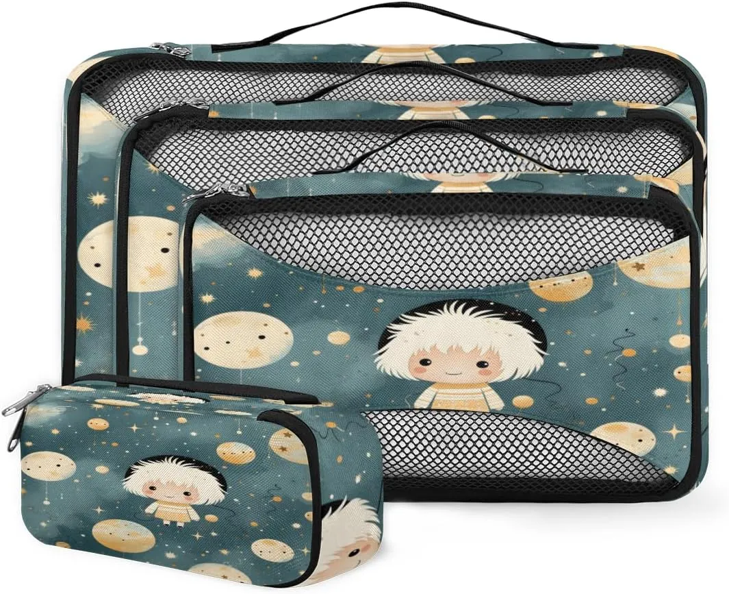 4 Set Packing Cubes for Suitcases, Travel Essentials for Carry on Luggage, Cute Galaxy Suitcase Organizers for Clothes Shoes Toiletries Travel Accessories in 4 Sizes - Artistic Galaxy