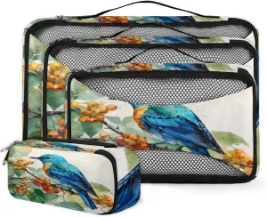 4 Set Packing Cubes for Suitcases, Travel Essentials for Carry on Luggage, Dreamy Bird Suitcase Organizers for Clothes Shoes Toiletries Travel Accessories in 4 Sizes - Abstract Bird
