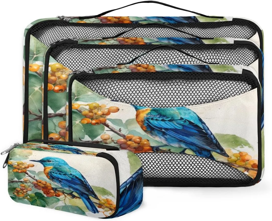 4 Set Packing Cubes for Suitcases, Travel Essentials for Carry on Luggage, Dreamy Bird Suitcase Organizers for Clothes Shoes Toiletries Travel Accessories in 4 Sizes - Abstract Bird