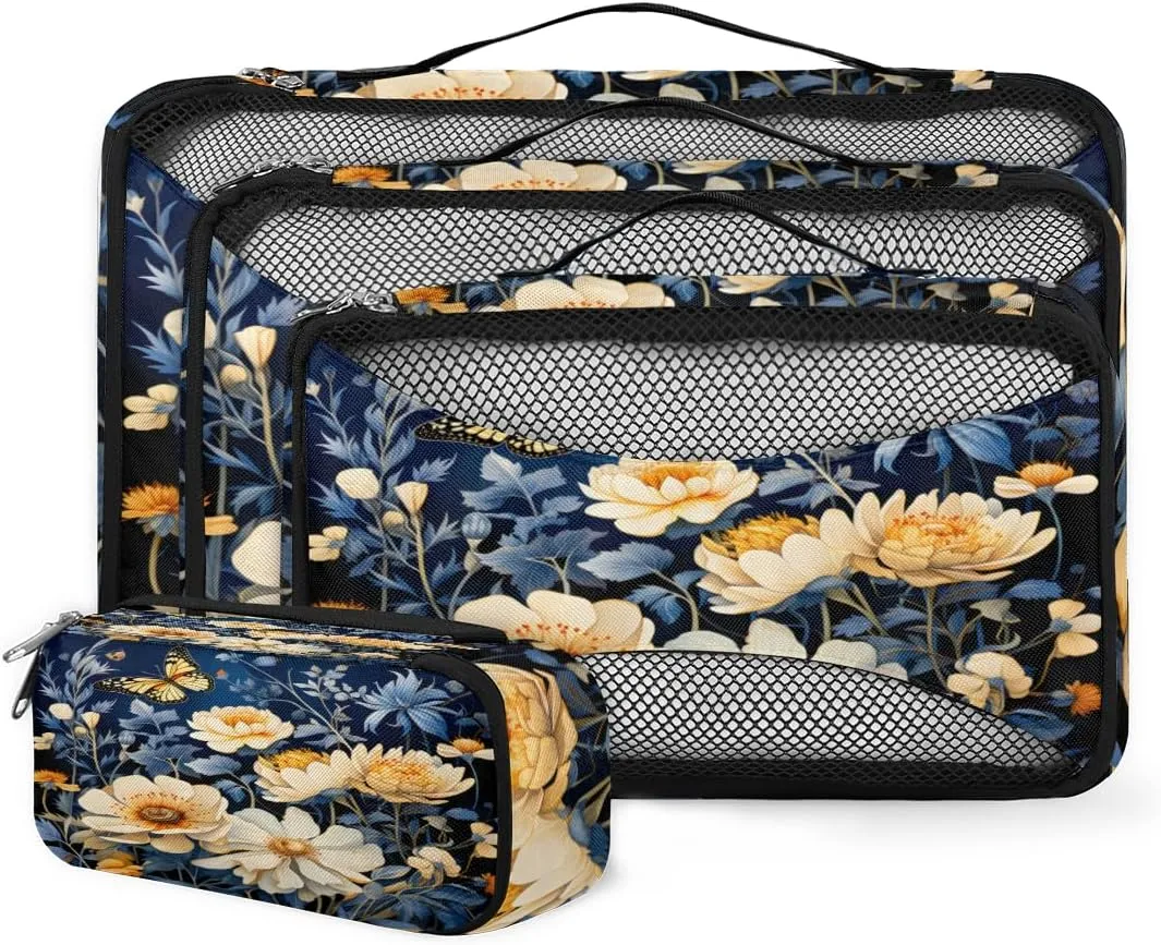 4 Set Packing Cubes for Suitcases, Travel Essentials for Carry on Luggage, Dreamy Flower Suitcase Organizers for Clothes Shoes Toiletries Travel Accessories in 4 Sizes - Lively Flower
