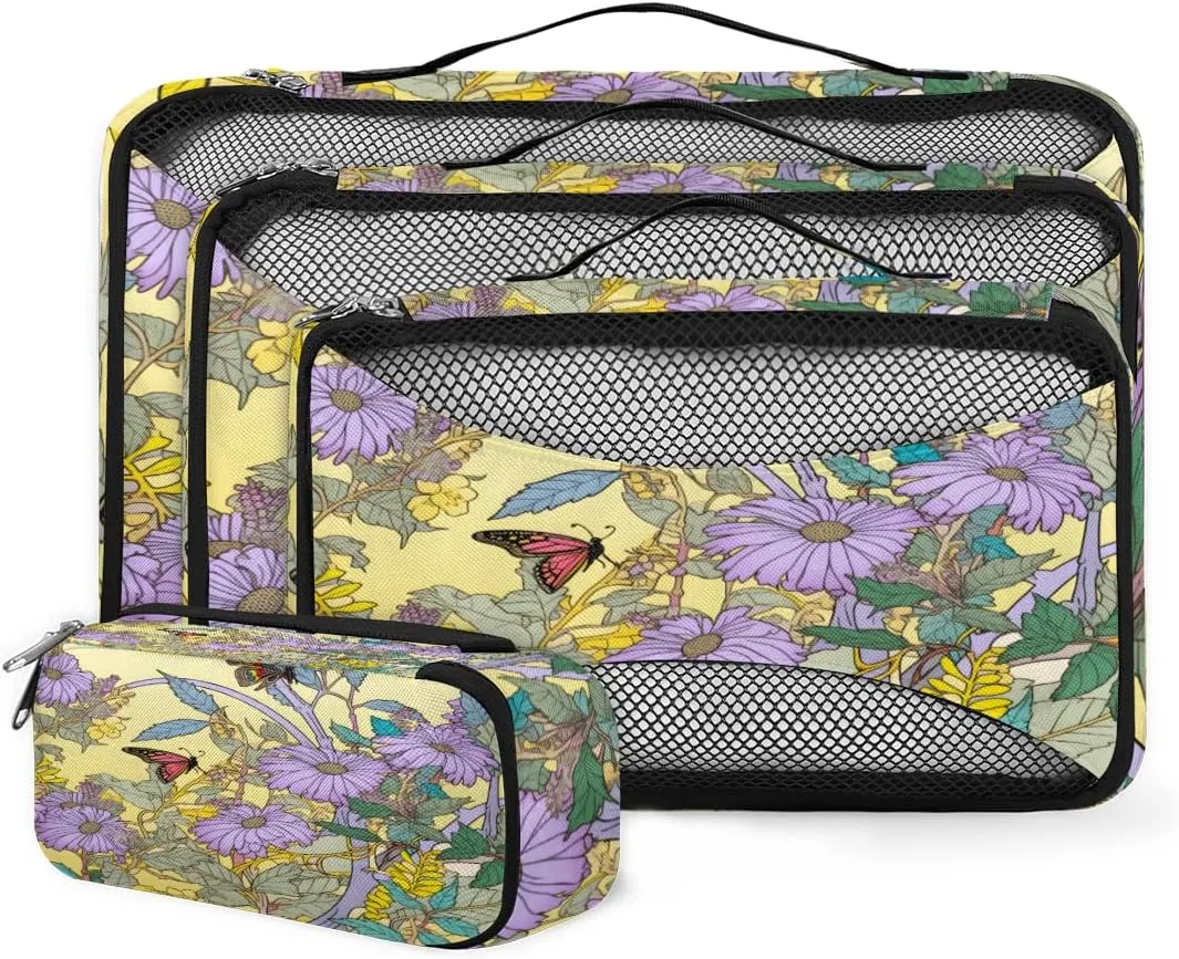 4 Set Packing Cubes for Suitcases, Travel Essentials for Carry on Luggage, Dreamy Flowers Suitcase Organizers for Clothes Shoes Toiletries Travel Accessories in 4 Sizes - Modern Flowers