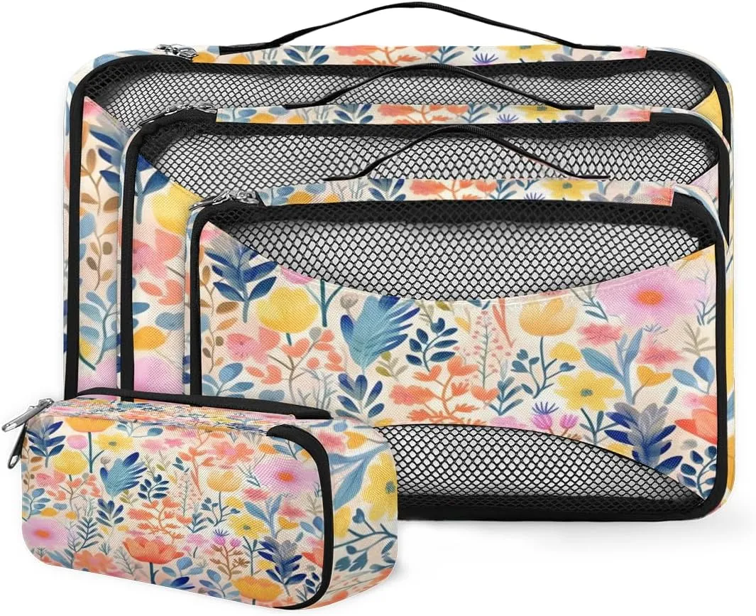 4 Set Packing Cubes for Suitcases, Travel Essentials for Carry on Luggage, Dreamy Flowers Suitcase Organizers for Clothes Shoes Toiletries Travel Accessories in 4 Sizes - Romantic Flowers