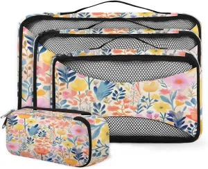 4 Set Packing Cubes for Suitcases, Travel Essentials for Carry on Luggage, Dreamy Flowers Suitcase Organizers for Clothes Shoes Toiletries Travel Accessories in 4 Sizes - Romantic Flowers
