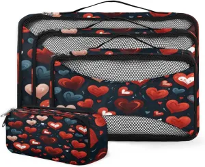 4 Set Packing Cubes for Suitcases, Travel Essentials for Carry on Luggage, Dreamy Heart Suitcase Organizers for Clothes Shoes Toiletries Travel Accessories in 4 Sizes - Watercolor Heart