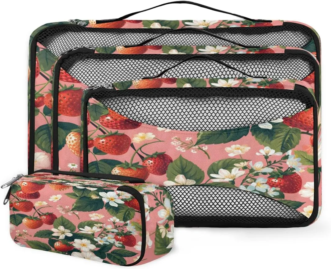 4 Set Packing Cubes for Suitcases, Travel Essentials for Carry on Luggage, Dreamy Strawberry Suitcase Organizers for Clothes Shoes Toiletries Travel Accessories in 4 Sizes - Graffiti Strawberry
