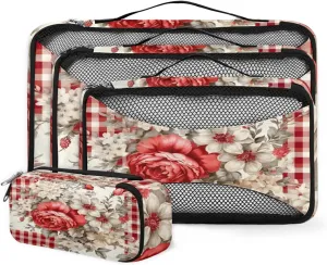 4 Set Packing Cubes for Suitcases, Travel Essentials for Carry on Luggage, Ethnic Flower Suitcase Organizers for Clothes Shoes Toiletries Travel Accessories in 4 Sizes - Abstract Flower