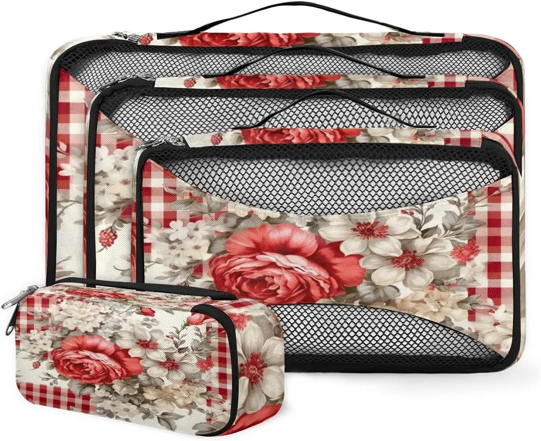 4 Set Packing Cubes for Suitcases, Travel Essentials for Carry on Luggage, Ethnic Flower Suitcase Organizers for Clothes Shoes Toiletries Travel Accessories in 4 Sizes - Abstract Flower