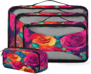 4 Set Packing Cubes for Suitcases, Travel Essentials for Carry on Luggage, Ethnic Flower Suitcase Organizers for Clothes Shoes Toiletries Travel Accessories in 4 Sizes - Rose Flower
