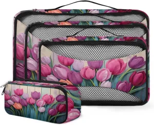 4 Set Packing Cubes for Suitcases, Travel Essentials for Carry on Luggage, Fantastic Tulips Suitcase Organizers for Clothes Shoes Toiletries Travel Accessories in 4 Sizes - Watercolor Tulips