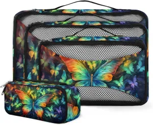4 Set Packing Cubes for Suitcases, Travel Essentials for Carry on Luggage, Flame Butterfly Suitcase Organizers for Clothes Shoes Toiletries Travel Accessories in 4 Sizes - Colorful Butterfly