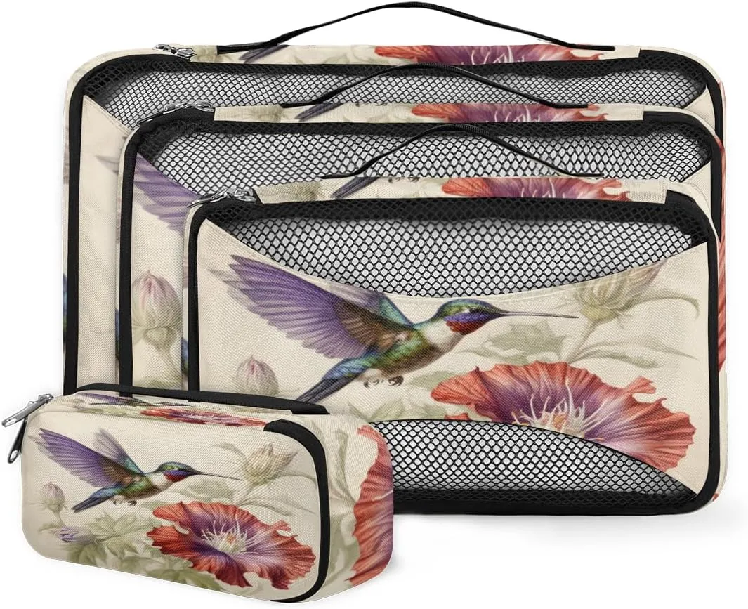 4 Set Packing Cubes for Suitcases, Travel Essentials for Carry on Luggage, Flower Bird Suitcase Organizers for Clothes Shoes Toiletries Travel Accessories in 4 Sizes - Cute Bird
