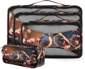 4 Set Packing Cubes for Suitcases, Travel Essentials for Carry on Luggage, Flower Bird Suitcase Organizers for Clothes Shoes Toiletries Travel Accessories in 4 Sizes - Retro Bird