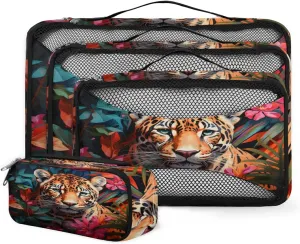 4 Set Packing Cubes for Suitcases, Travel Essentials for Carry on Luggage, Flowering Shrubs Suitcase Organizers for Clothes Shoes Toiletries Travel Accessories in 4 Sizes - Tiger