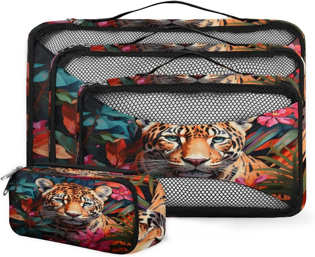 4 Set Packing Cubes for Suitcases, Travel Essentials for Carry on Luggage, Flowering Shrubs Suitcase Organizers for Clothes Shoes Toiletries Travel Accessories in 4 Sizes - Tiger