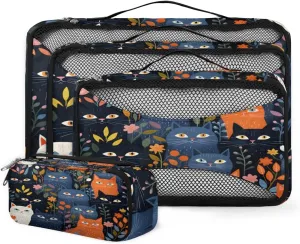 4 Set Packing Cubes for Suitcases, Travel Essentials for Carry on Luggage, Flowers Cat Suitcase Organizers for Clothes Shoes Toiletries Travel Accessories in 4 Sizes - Cute Cat