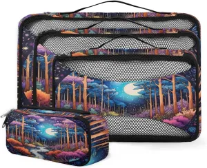 4 Set Packing Cubes for Suitcases, Travel Essentials for Carry on Luggage, Glitter Forest Suitcase Organizers for Clothes Shoes Toiletries Travel Accessories in 4 Sizes - Abstract Forest