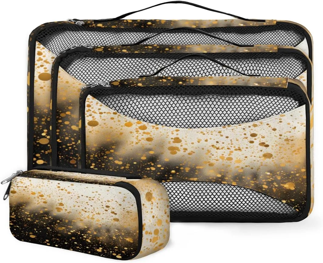4 Set Packing Cubes for Suitcases, Travel Essentials for Carry on Luggage, Gold Black Suitcase Organizers for Clothes Shoes Toiletries Travel Accessories in 4 Sizes - Glitter