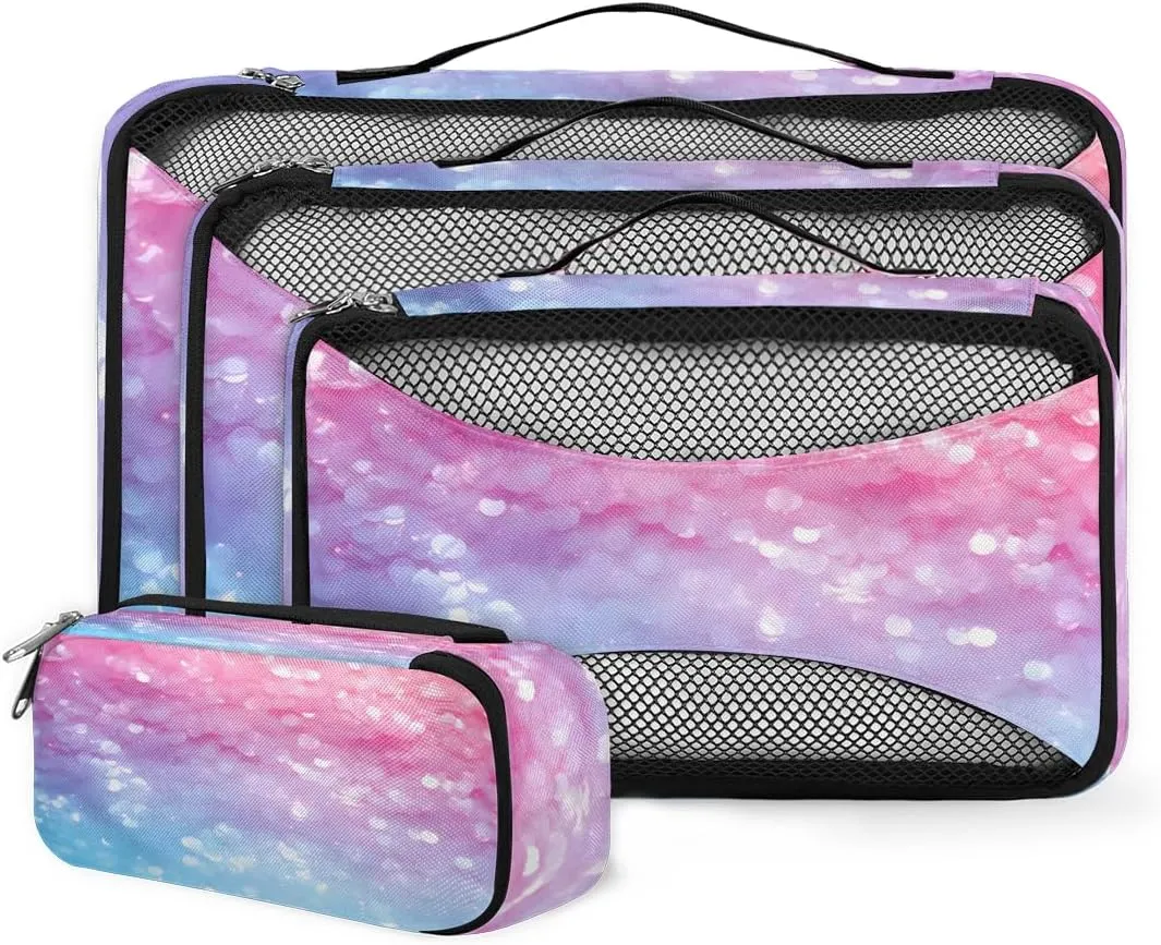 4 Set Packing Cubes for Suitcases, Travel Essentials for Carry on Luggage, Light blue Suitcase Organizers for Clothes Shoes Toiletries Travel Accessories in 4 Sizes - Glitter
