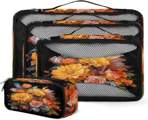 4 Set Packing Cubes for Suitcases, Travel Essentials for Carry on Luggage, Lively Flower Suitcase Organizers for Clothes Shoes Toiletries Travel Accessories in 4 Sizes - Abstract Flower