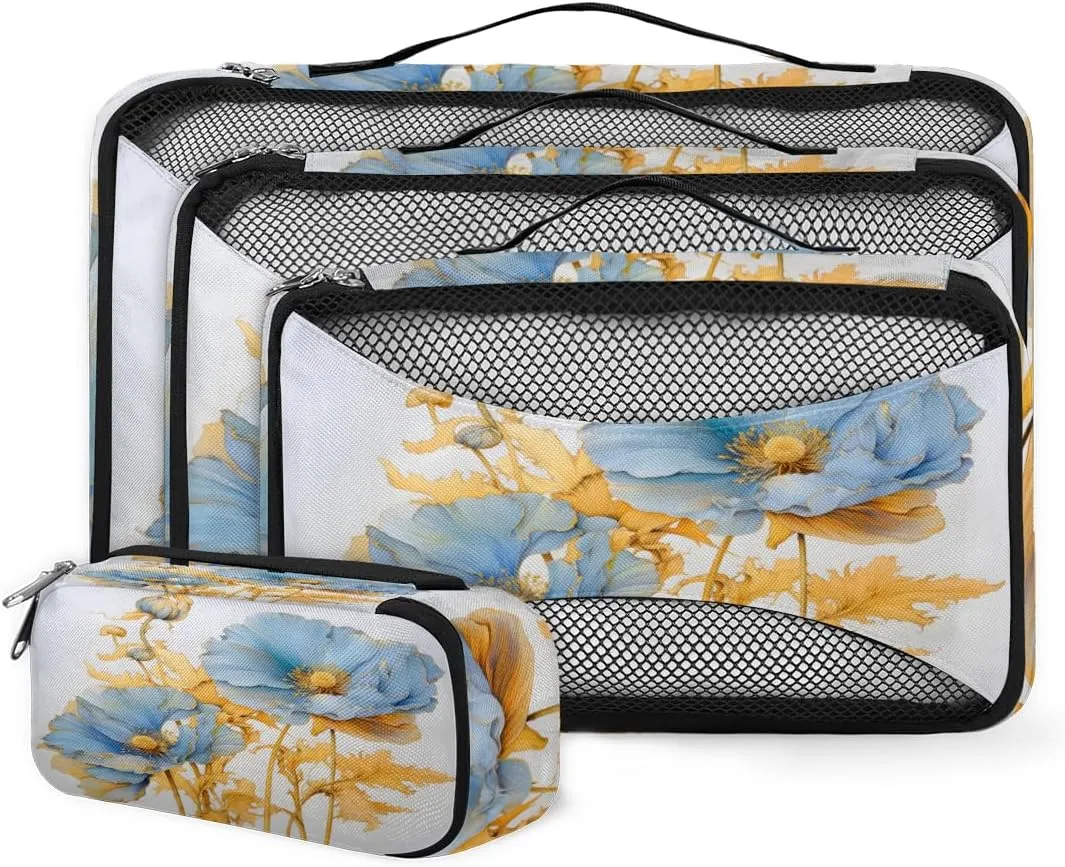 4 Set Packing Cubes for Suitcases, Travel Essentials for Carry on Luggage, Magical Flower Suitcase Organizers for Clothes Shoes Toiletries Travel Accessories in 4 Sizes - Beautiful Flower