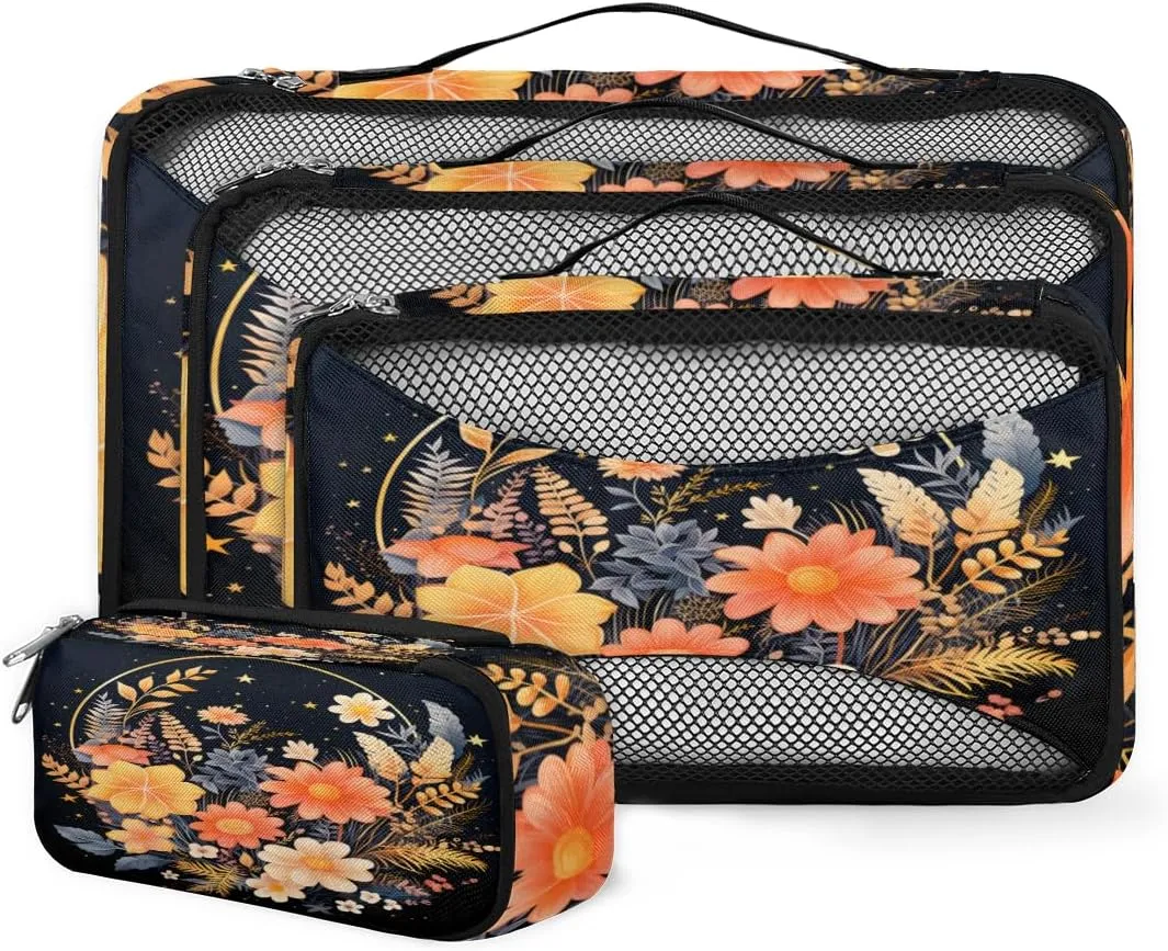 4 Set Packing Cubes for Suitcases, Travel Essentials for Carry on Luggage, Magical Flower Suitcase Organizers for Clothes Shoes Toiletries Travel Accessories in 4 Sizes - Retro Flower