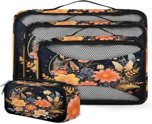 4 Set Packing Cubes for Suitcases, Travel Essentials for Carry on Luggage, Magical Flower Suitcase Organizers for Clothes Shoes Toiletries Travel Accessories in 4 Sizes - Retro Flower