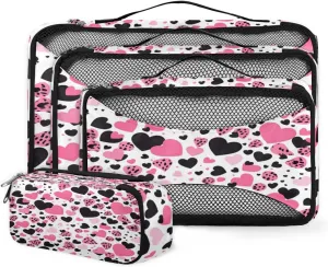 4 Set Packing Cubes for Suitcases, Travel Essentials for Carry on Luggage, Pink Black Suitcase Organizers for Clothes Shoes Toiletries Travel Accessories in 4 Sizes - Heart