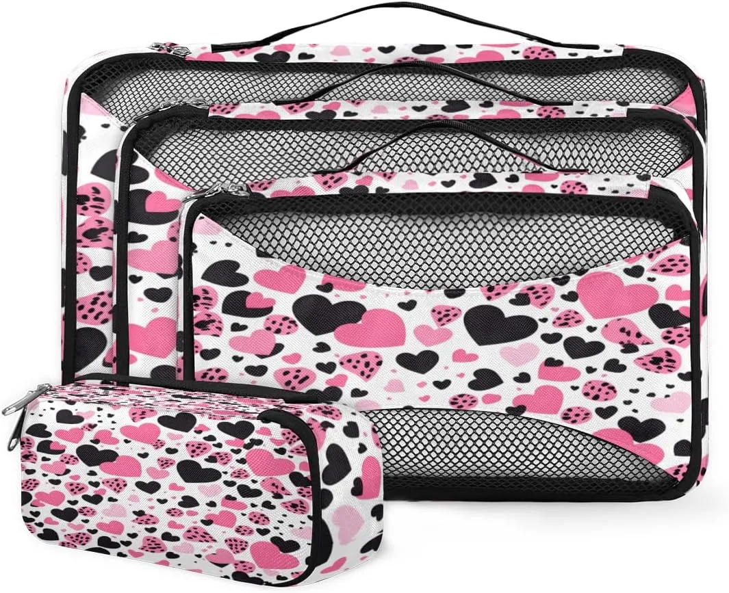 4 Set Packing Cubes for Suitcases, Travel Essentials for Carry on Luggage, Pink Black Suitcase Organizers for Clothes Shoes Toiletries Travel Accessories in 4 Sizes - Heart