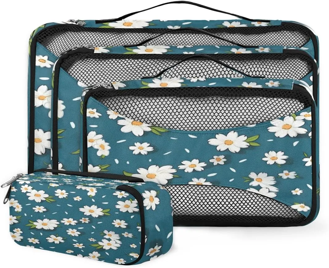 4 Set Packing Cubes for Suitcases, Travel Essentials for Carry on Luggage, Retro Flowers Suitcase Organizers for Clothes Shoes Toiletries Travel Accessories in 4 Sizes - Artistic Flowers