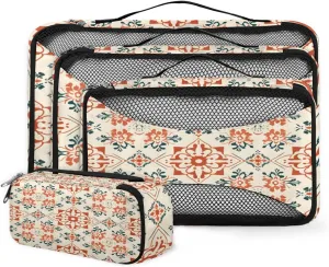 4 Set Packing Cubes for Suitcases, Travel Essentials for Carry on Luggage, Rich Damask Suitcase Organizers for Clothes Shoes Toiletries Travel Accessories in 4 Sizes - Retro Floral