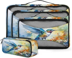 4 Set Packing Cubes for Suitcases, Travel Essentials for Carry on Luggage, Romantic Bird Suitcase Organizers for Clothes Shoes Toiletries Travel Accessories in 4 Sizes - Abstract Bird