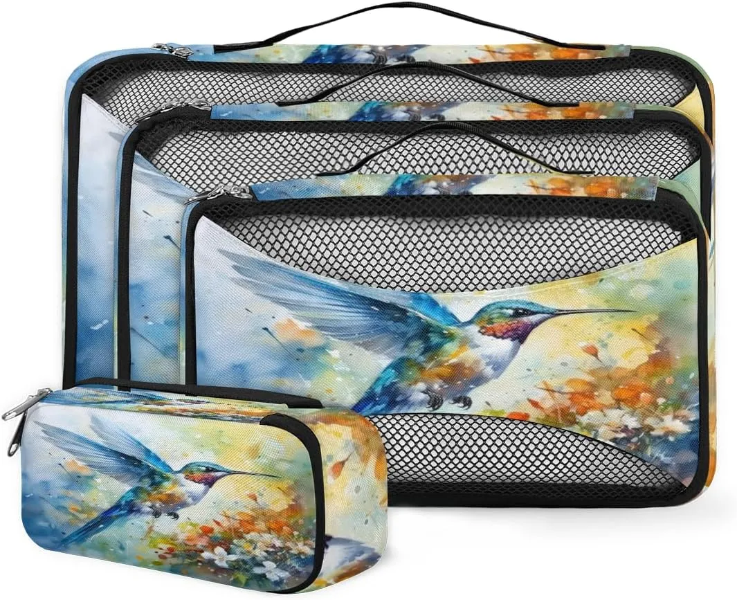 4 Set Packing Cubes for Suitcases, Travel Essentials for Carry on Luggage, Romantic Bird Suitcase Organizers for Clothes Shoes Toiletries Travel Accessories in 4 Sizes - Abstract Bird