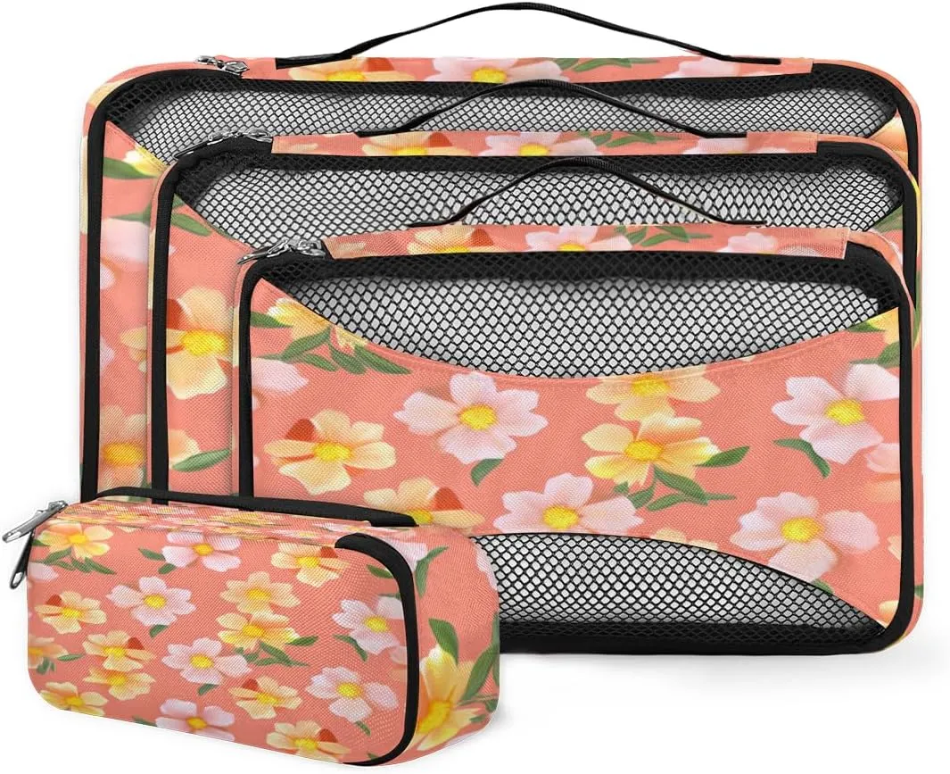 4 Set Packing Cubes for Suitcases, Travel Essentials for Carry on Luggage, Romantic Flowers Suitcase Organizers for Clothes Shoes Toiletries Travel Accessories in 4 Sizes - Cute Flowers