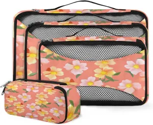 4 Set Packing Cubes for Suitcases, Travel Essentials for Carry on Luggage, Romantic Flowers Suitcase Organizers for Clothes Shoes Toiletries Travel Accessories in 4 Sizes - Cute Flowers