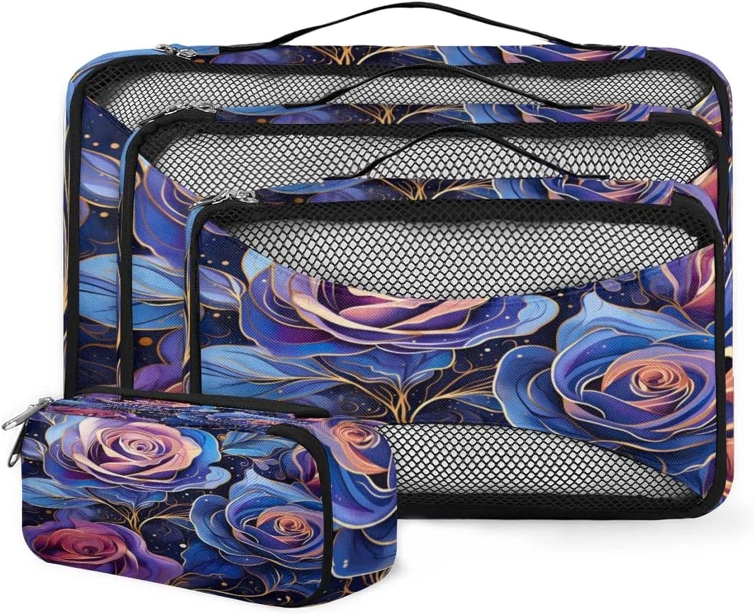 4 Set Packing Cubes for Suitcases, Travel Essentials for Carry on Luggage, Romantic Rose Suitcase Organizers for Clothes Shoes Toiletries Travel Accessories in 4 Sizes - Modern Rose