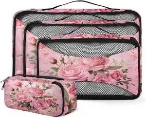 4 Set Packing Cubes for Suitcases, Travel Essentials for Carry on Luggage, Rose Flower Suitcase Organizers for Clothes Shoes Toiletries Travel Accessories in 4 Sizes - Fantastic Flower
