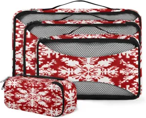 4 Set Packing Cubes for Suitcases, Travel Essentials for Carry on Luggage, Snowflake Suitcase Organizers for Clothes Shoes Toiletries Travel Accessories in 4 Sizes - Red Ethnic Pattern