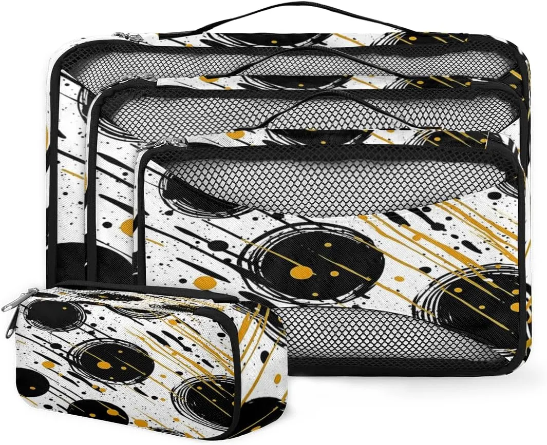4 Set Packing Cubes for Suitcases, Travel Essentials for Carry on Luggage, Suitcase Organizers for Clothes Shoes Toiletries Travel Accessories in 4 Sizes - Black Gold Graffiti