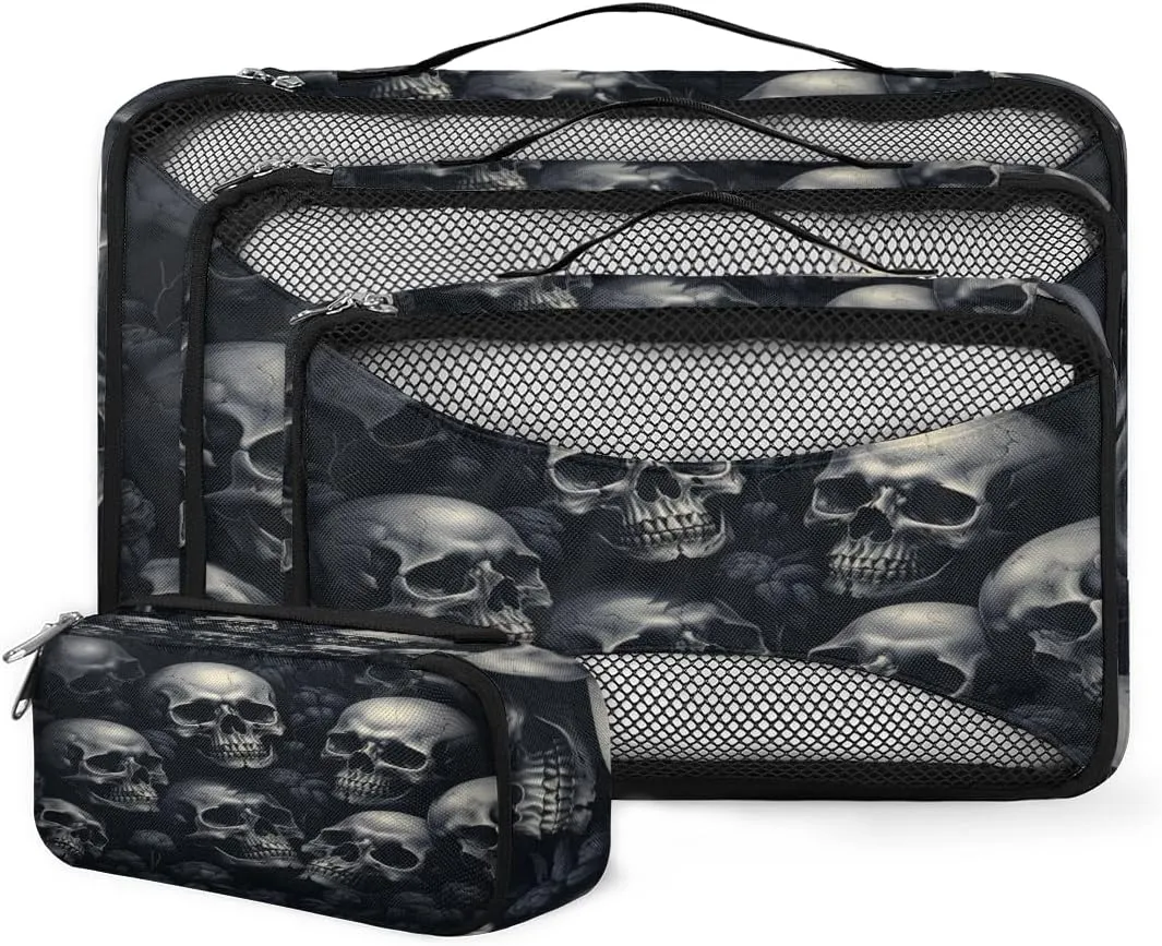 4 Set Packing Cubes for Suitcases, Travel Essentials for Carry on Luggage, Suitcase Organizers for Clothes Shoes Toiletries Travel Accessories in 4 Sizes - Black Skull