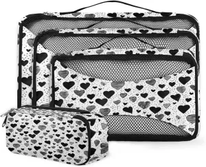 4 Set Packing Cubes for Suitcases, Travel Essentials for Carry on Luggage, Suitcase Organizers for Clothes Shoes Toiletries Travel Accessories in 4 Sizes - Black White heart