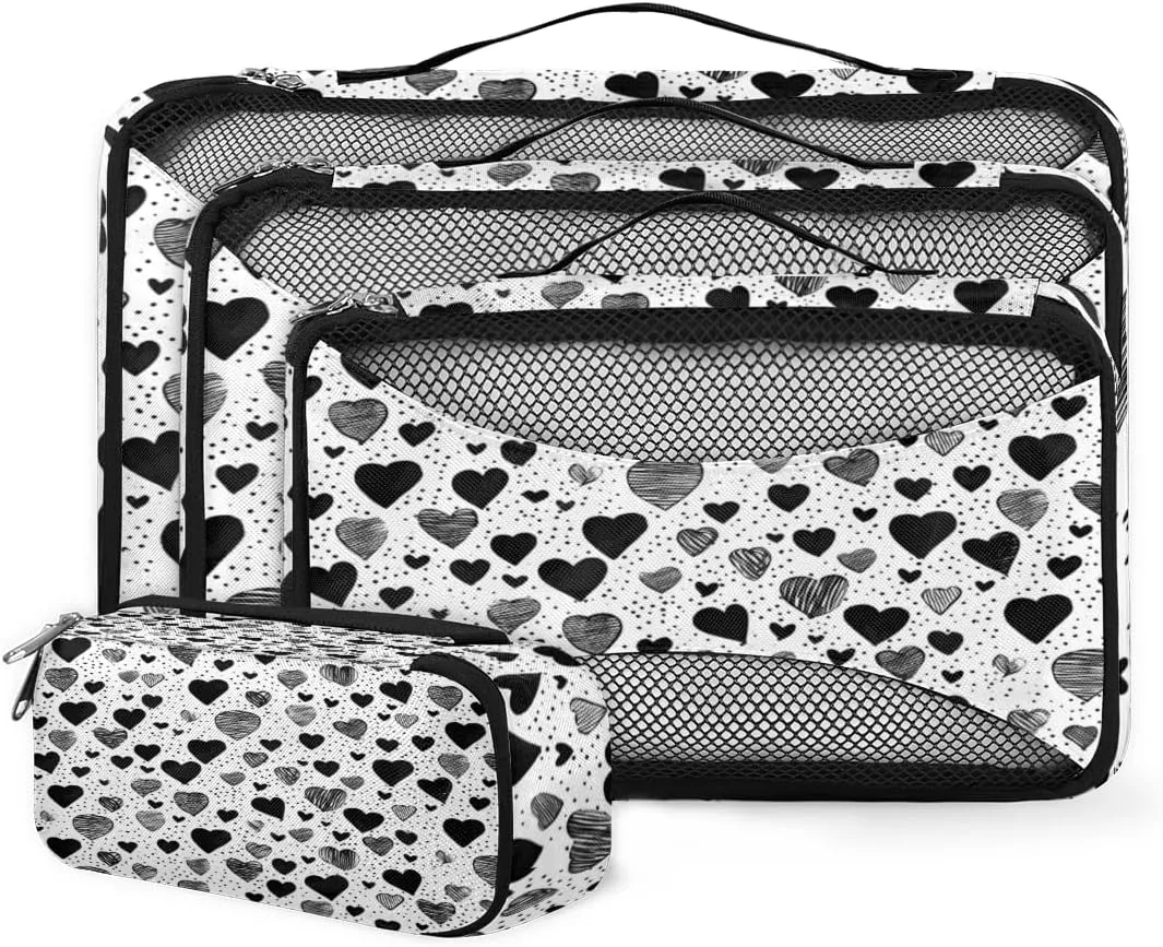 4 Set Packing Cubes for Suitcases, Travel Essentials for Carry on Luggage, Suitcase Organizers for Clothes Shoes Toiletries Travel Accessories in 4 Sizes - Black White heart