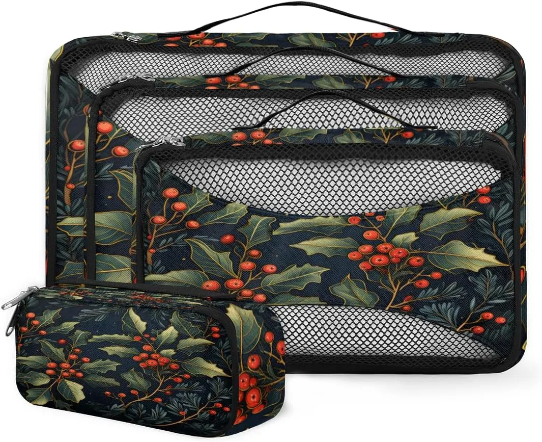 4 Set Packing Cubes for Suitcases, Travel Essentials for Carry on Luggage, Suitcase Organizers for Clothes Shoes Toiletries Travel Accessories in 4 Sizes - Christmas Holly Leaves