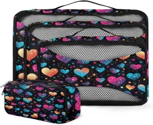 4 Set Packing Cubes for Suitcases, Travel Essentials for Carry on Luggage, Suitcase Organizers for Clothes Shoes Toiletries Travel Accessories in 4 Sizes - Colorful Heart Star