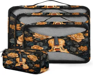 4 Set Packing Cubes for Suitcases, Travel Essentials for Carry on Luggage, Suitcase Organizers for Clothes Shoes Toiletries Travel Accessories in 4 Sizes - Floral Guitar