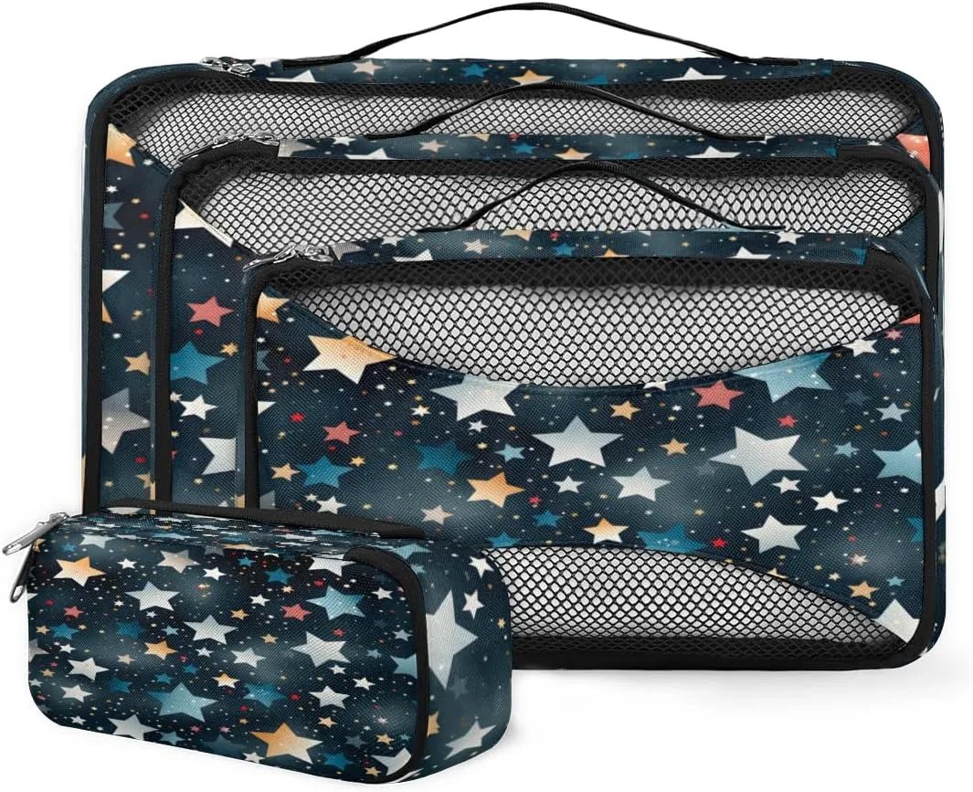 4 Set Packing Cubes for Suitcases, Travel Essentials for Carry on Luggage, Suitcase Organizers for Clothes Shoes Toiletries Travel Accessories in 4 Sizes - Glitter Coloful Star