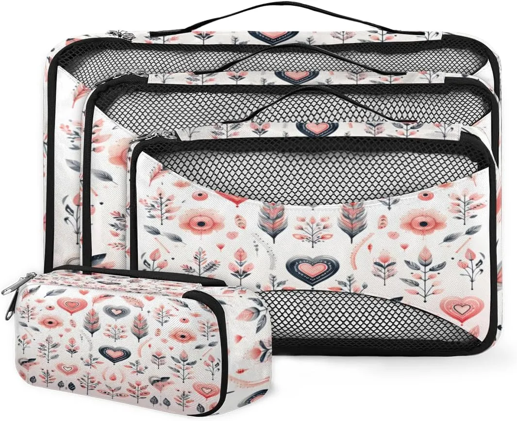 4 Set Packing Cubes for Suitcases, Travel Essentials for Carry on Luggage, Suitcase Organizers for Clothes Shoes Toiletries Travel Accessories in 4 Sizes - Heart Grass